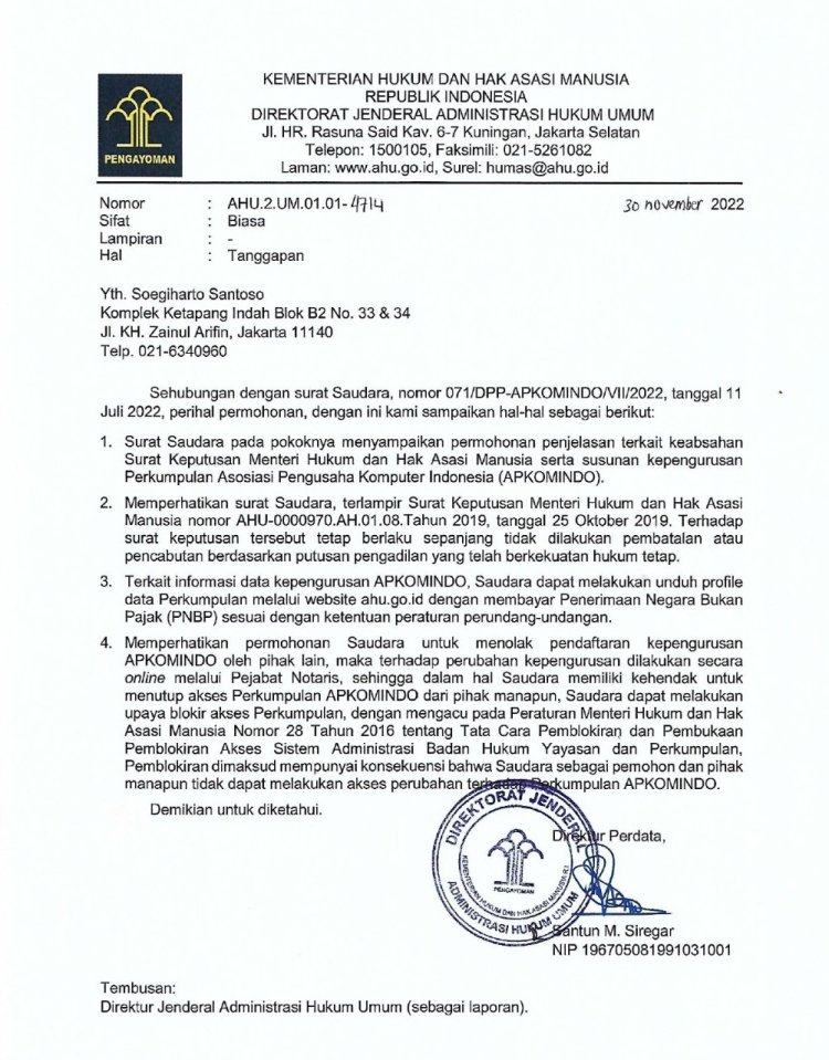 Surat tanggapan resmi dari Kemenkumham RI No. AHU.2.UM.01.01-4714, tanggal 30 November 2022 terkait keabsahan kepengurusan APKOMINDO.