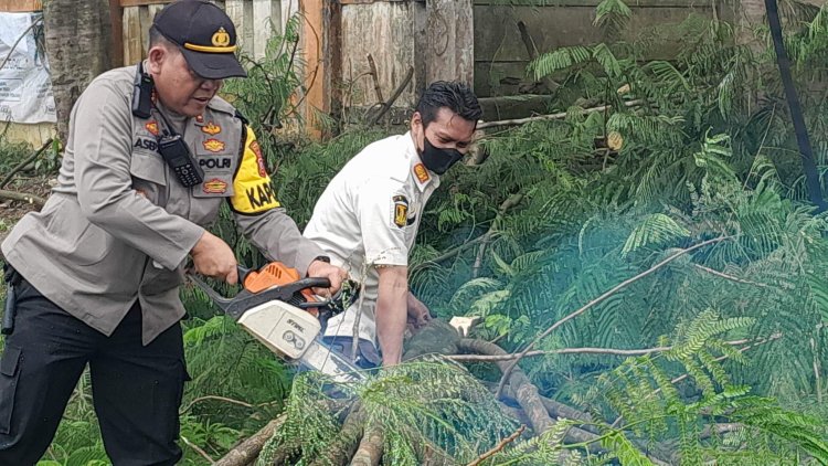Kapolsek Sukalarang Tebang Ranting Pohon Pinggir Jalan, Cegah Bencana