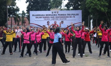 Dalam Rangka HUT Bhayangkara ke-78, Polres Lampung Selatan Gelar Olahraga Bersama TNI dan Pemda Perkuat Sinergitas