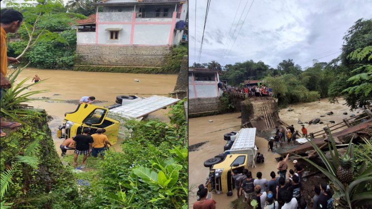 Jembatan Penghubung Desa Petir – Pucungbedug Ambruk, Truk Pasir Terjun ke Sungai