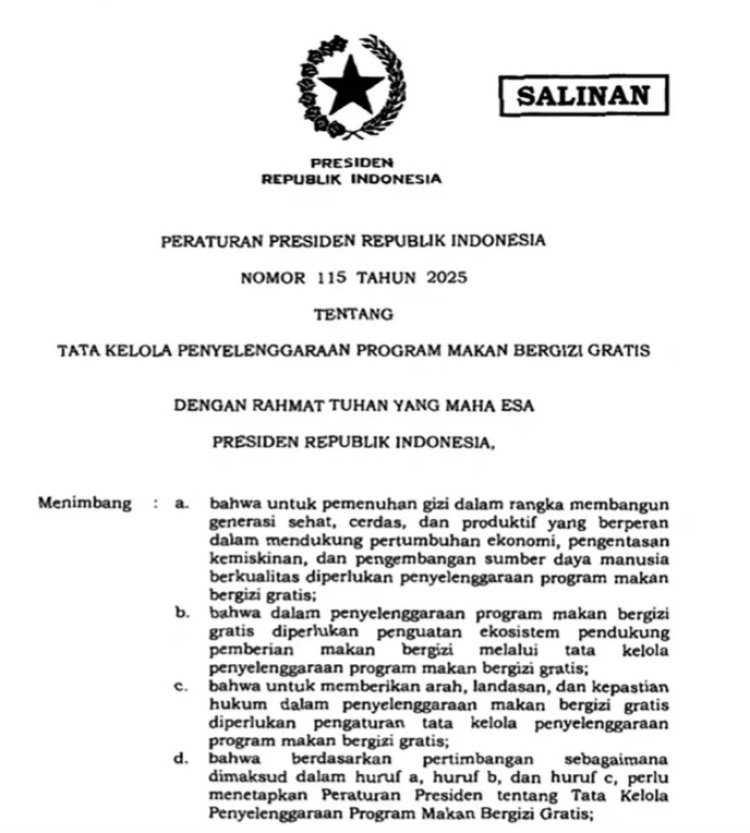 Pemerintah Resmi Tetapkan Perpres Tata Kelola MBG, Target 82 Juta Penerima Hingga 2026