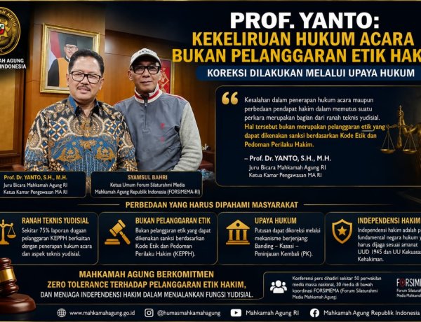 Prof. Yanto: Kekeliruan Hukum Acara Bukan Pelanggaran Etik Hakim, Koreksi Dilakukan Melalui Upaya Hukum